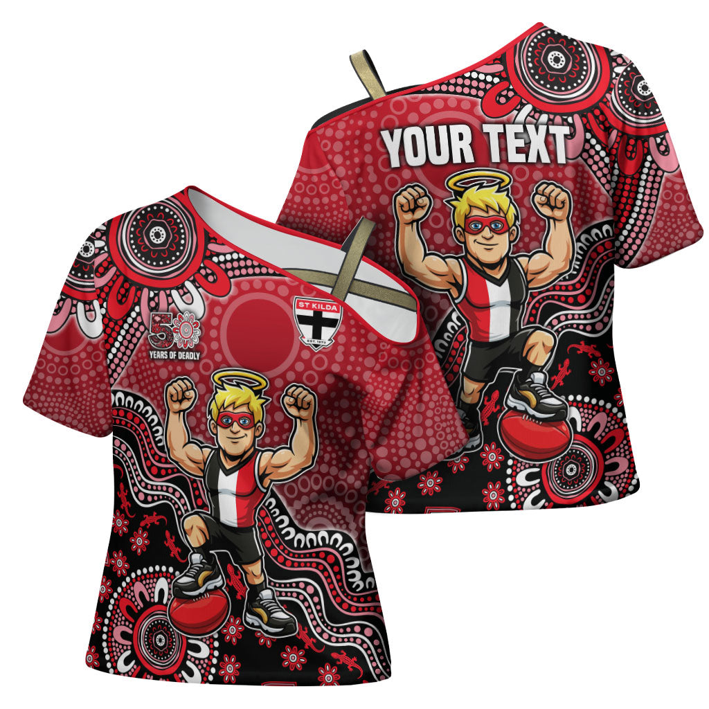 Personalized St Kilda Saints Football Mascot Cross Shoulder Shirt Aboriginal Dot Art Style Vibrant Indigenous Pattern Design