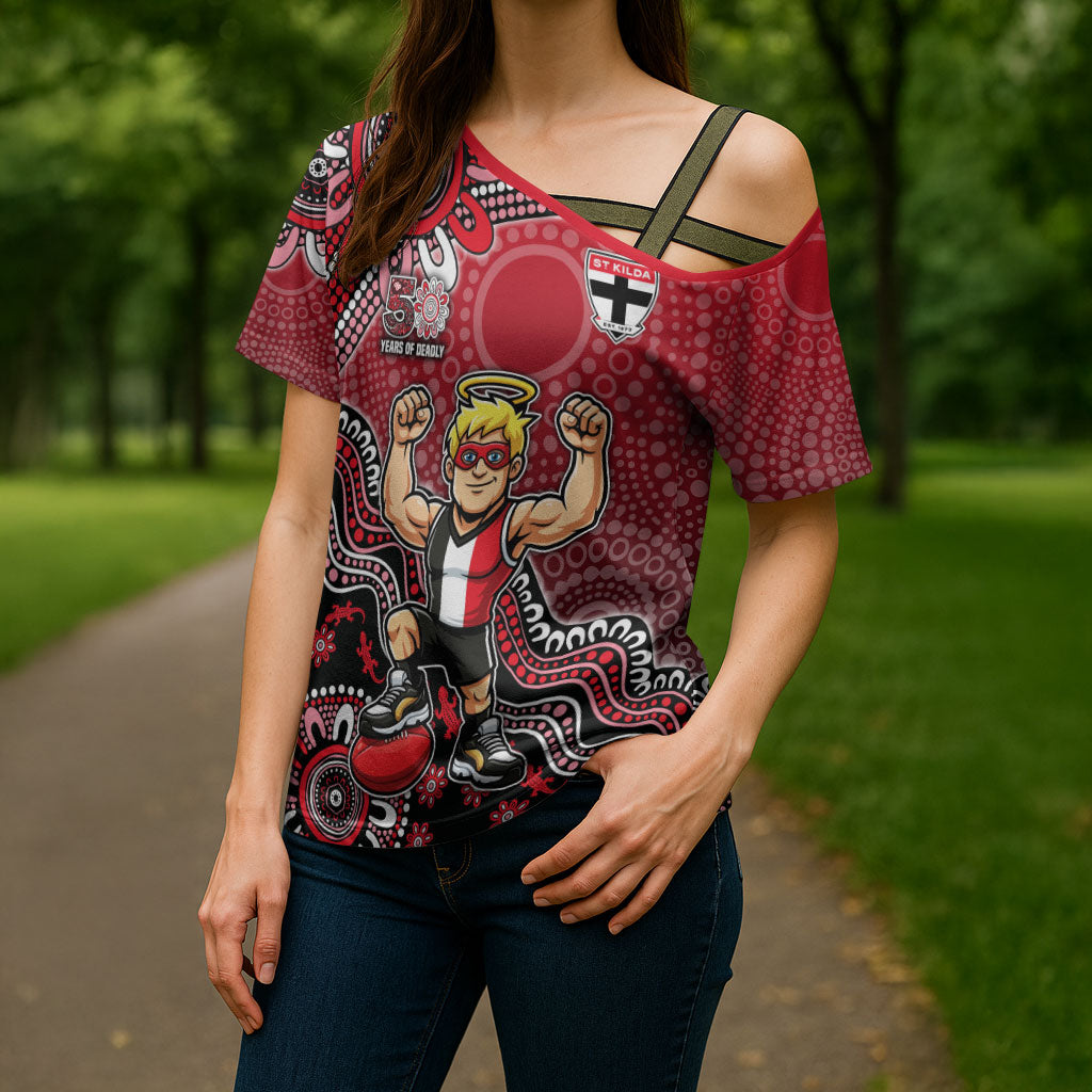 Personalized St Kilda Saints Football Mascot Cross Shoulder Shirt Aboriginal Dot Art Style Vibrant Indigenous Pattern Design