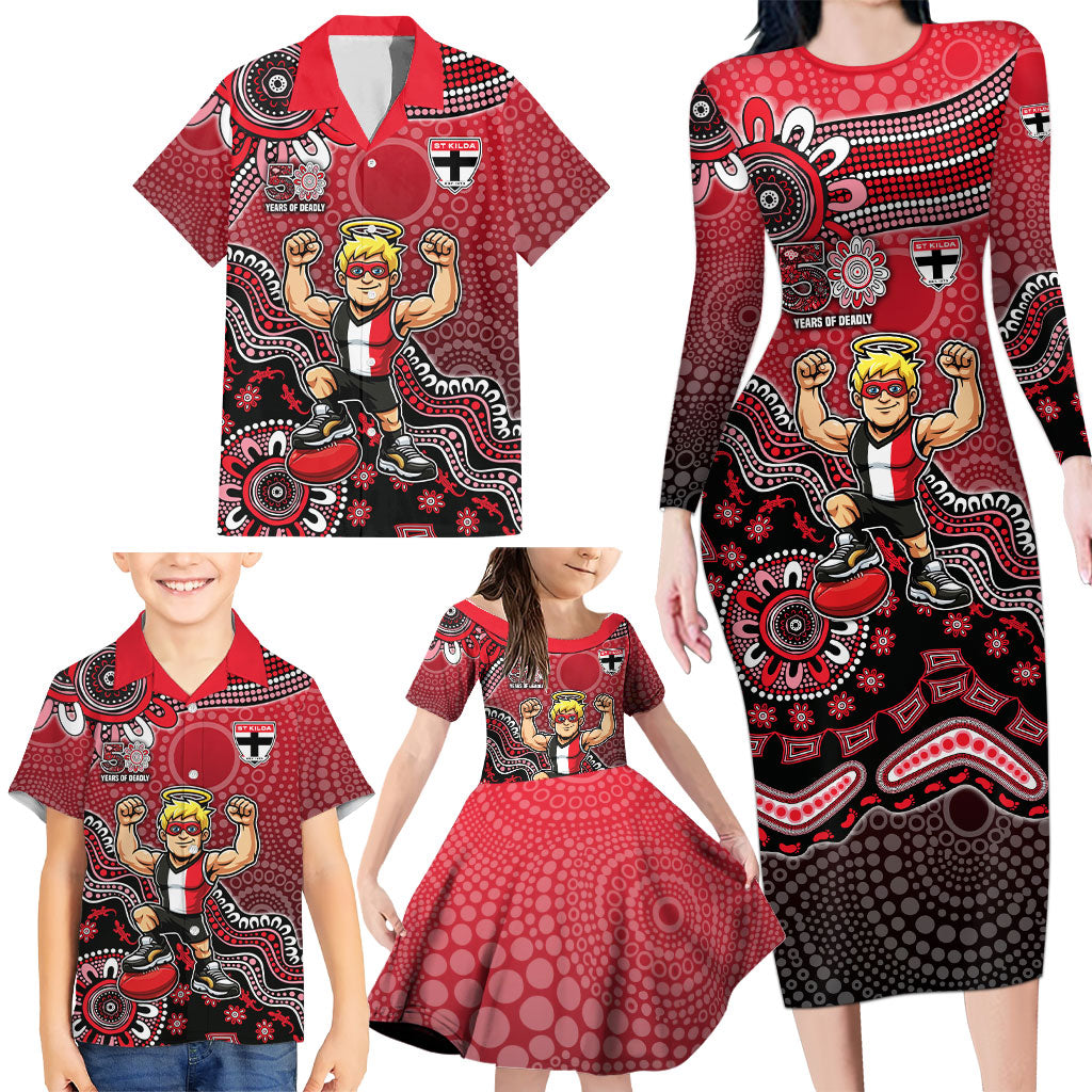 Personalized St Kilda Saints Football Mascot Family Matching Long Sleeve Bodycon Dress and Hawaiian Shirt Aboriginal Dot Art Style Vibrant Indigenous Pattern Design