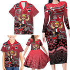 Personalized St Kilda Saints Football Mascot Family Matching Long Sleeve Bodycon Dress and Hawaiian Shirt Aboriginal Dot Art Style Vibrant Indigenous Pattern Design