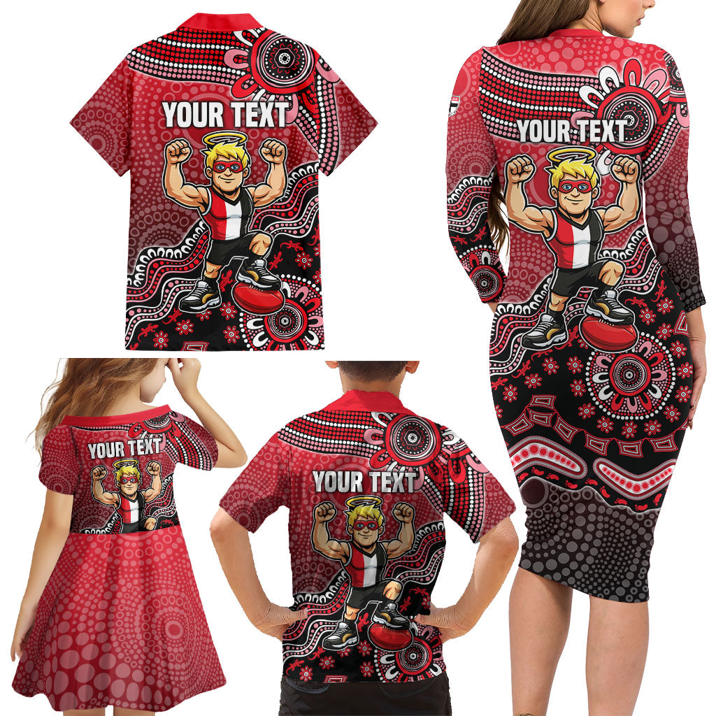 Personalized St Kilda Saints Football Mascot Family Matching Long Sleeve Bodycon Dress and Hawaiian Shirt Aboriginal Dot Art Style Vibrant Indigenous Pattern Design