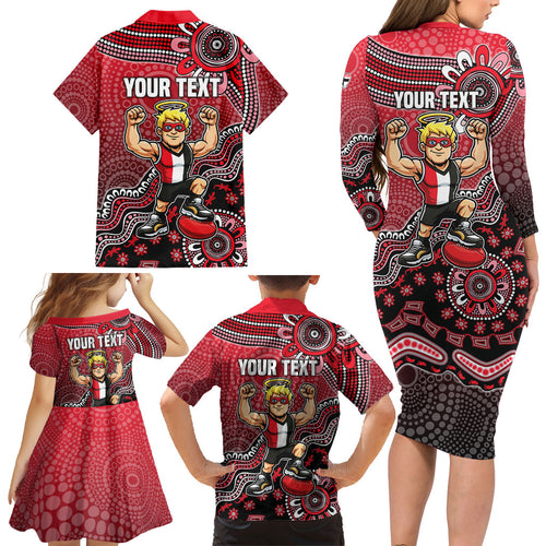 Personalized St Kilda Saints Football Mascot Family Matching Long Sleeve Bodycon Dress and Hawaiian Shirt Aboriginal Dot Art Style Vibrant Indigenous Pattern Design