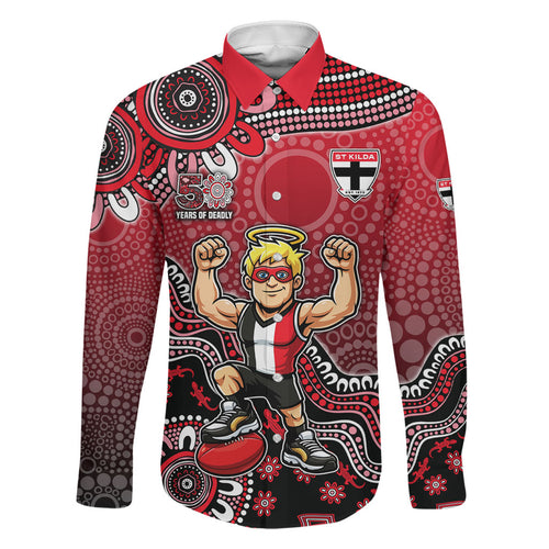 Personalized St Kilda Saints Football Mascot Family Matching Long Sleeve Bodycon Dress and Hawaiian Shirt Aboriginal Dot Art Style Vibrant Indigenous Pattern Design