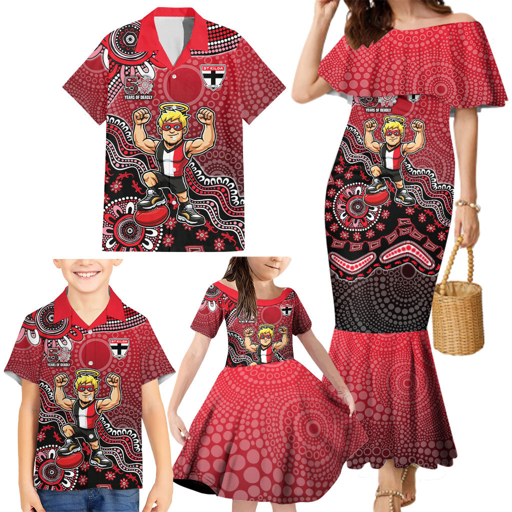 Personalized St Kilda Saints Football Mascot Family Matching Mermaid Dress and Hawaiian Shirt Aboriginal Dot Art Style Vibrant Indigenous Pattern Design