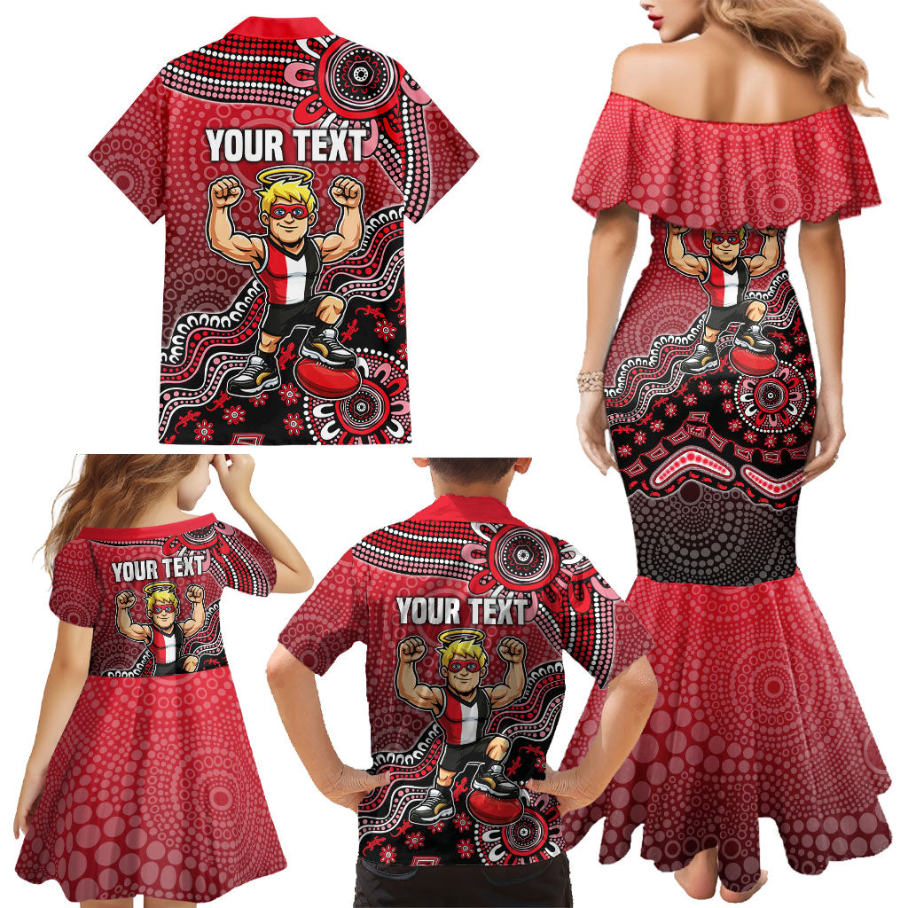 Personalized St Kilda Saints Football Mascot Family Matching Mermaid Dress and Hawaiian Shirt Aboriginal Dot Art Style Vibrant Indigenous Pattern Design