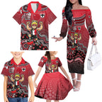 Personalized St Kilda Saints Football Mascot Family Matching Off The Shoulder Long Sleeve Dress and Hawaiian Shirt Aboriginal Dot Art Style Vibrant Indigenous Pattern Design