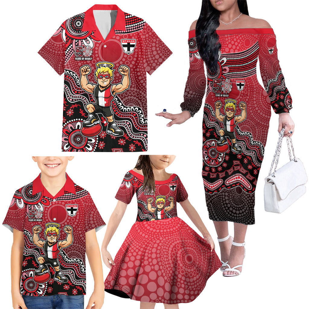 Personalized St Kilda Saints Football Mascot Family Matching Off The Shoulder Long Sleeve Dress and Hawaiian Shirt Aboriginal Dot Art Style Vibrant Indigenous Pattern Design