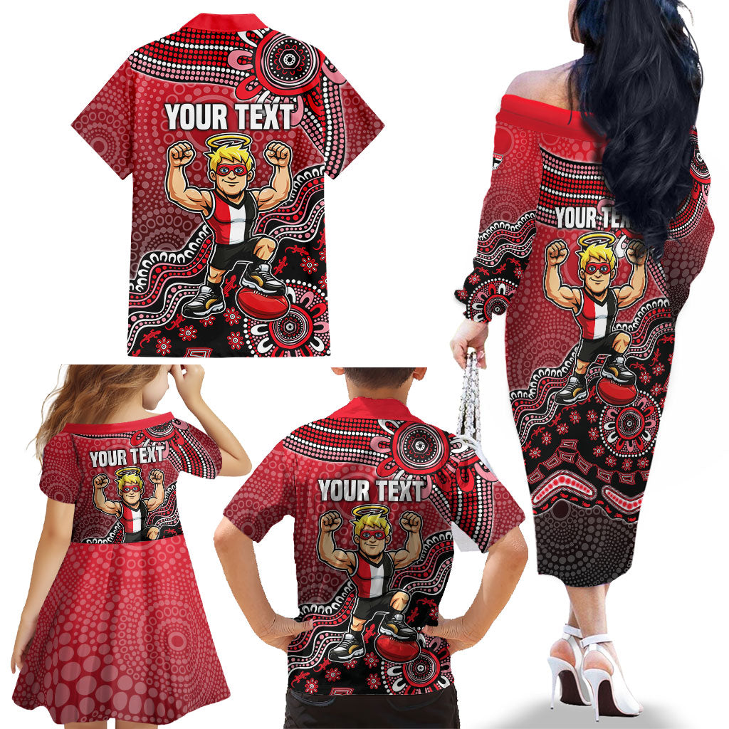 Personalized St Kilda Saints Football Mascot Family Matching Off The Shoulder Long Sleeve Dress and Hawaiian Shirt Aboriginal Dot Art Style Vibrant Indigenous Pattern Design