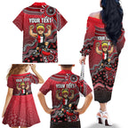 Personalized St Kilda Saints Football Mascot Family Matching Off The Shoulder Long Sleeve Dress and Hawaiian Shirt Aboriginal Dot Art Style Vibrant Indigenous Pattern Design