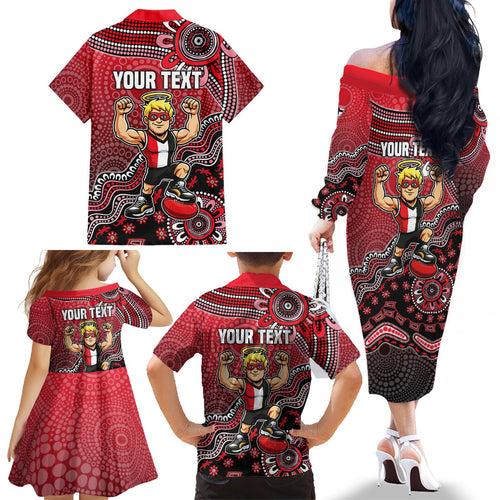 Personalized St Kilda Saints Football Mascot Family Matching Off The Shoulder Long Sleeve Dress and Hawaiian Shirt Aboriginal Dot Art Style Vibrant Indigenous Pattern Design