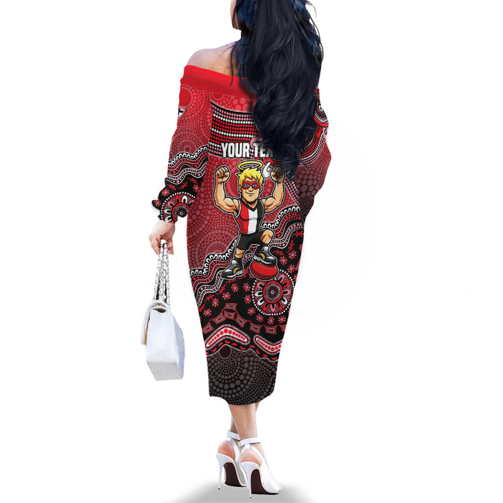 Personalized St Kilda Saints Football Mascot Family Matching Off The Shoulder Long Sleeve Dress and Hawaiian Shirt Aboriginal Dot Art Style Vibrant Indigenous Pattern Design