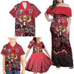 Personalized St Kilda Saints Football Mascot Family Matching Off Shoulder Maxi Dress and Hawaiian Shirt Aboriginal Dot Art Style Vibrant Indigenous Pattern Design
