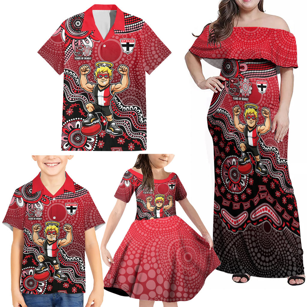 Personalized St Kilda Saints Football Mascot Family Matching Off Shoulder Maxi Dress and Hawaiian Shirt Aboriginal Dot Art Style Vibrant Indigenous Pattern Design