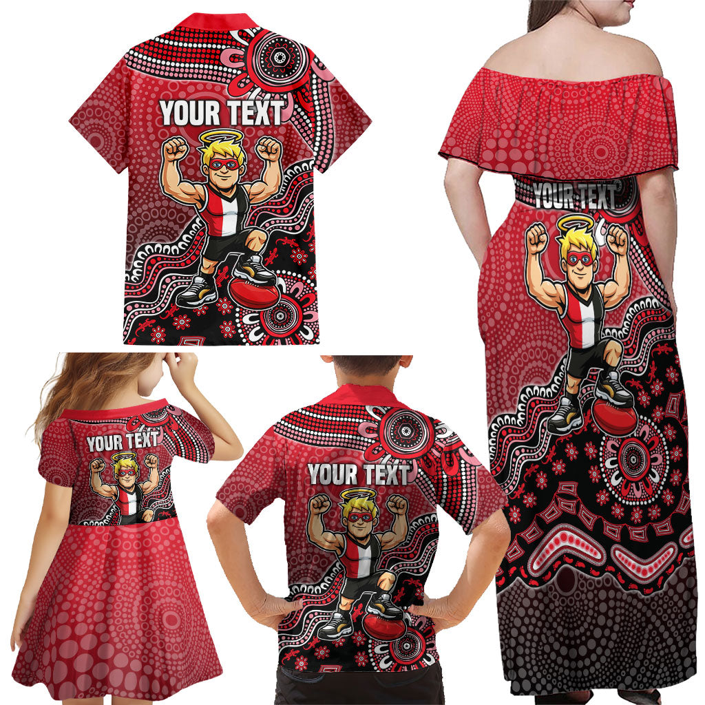 Personalized St Kilda Saints Football Mascot Family Matching Off Shoulder Maxi Dress and Hawaiian Shirt Aboriginal Dot Art Style Vibrant Indigenous Pattern Design