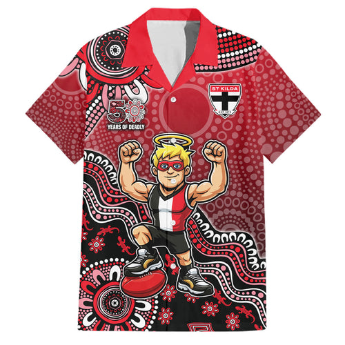 Personalized St Kilda Saints Football Mascot Family Matching Off Shoulder Maxi Dress and Hawaiian Shirt Aboriginal Dot Art Style Vibrant Indigenous Pattern Design