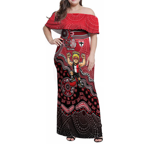 Personalized St Kilda Saints Football Mascot Family Matching Off Shoulder Maxi Dress and Hawaiian Shirt Aboriginal Dot Art Style Vibrant Indigenous Pattern Design