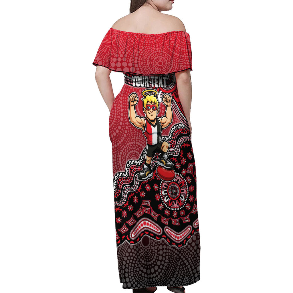 Personalized St Kilda Saints Football Mascot Family Matching Off Shoulder Maxi Dress and Hawaiian Shirt Aboriginal Dot Art Style Vibrant Indigenous Pattern Design