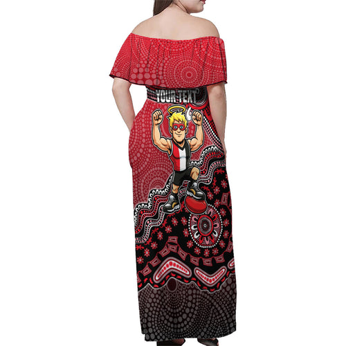 Personalized St Kilda Saints Football Mascot Family Matching Off Shoulder Maxi Dress and Hawaiian Shirt Aboriginal Dot Art Style Vibrant Indigenous Pattern Design