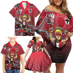 Personalized St Kilda Saints Football Mascot Family Matching Off Shoulder Short Dress and Hawaiian Shirt Aboriginal Dot Art Style Vibrant Indigenous Pattern Design