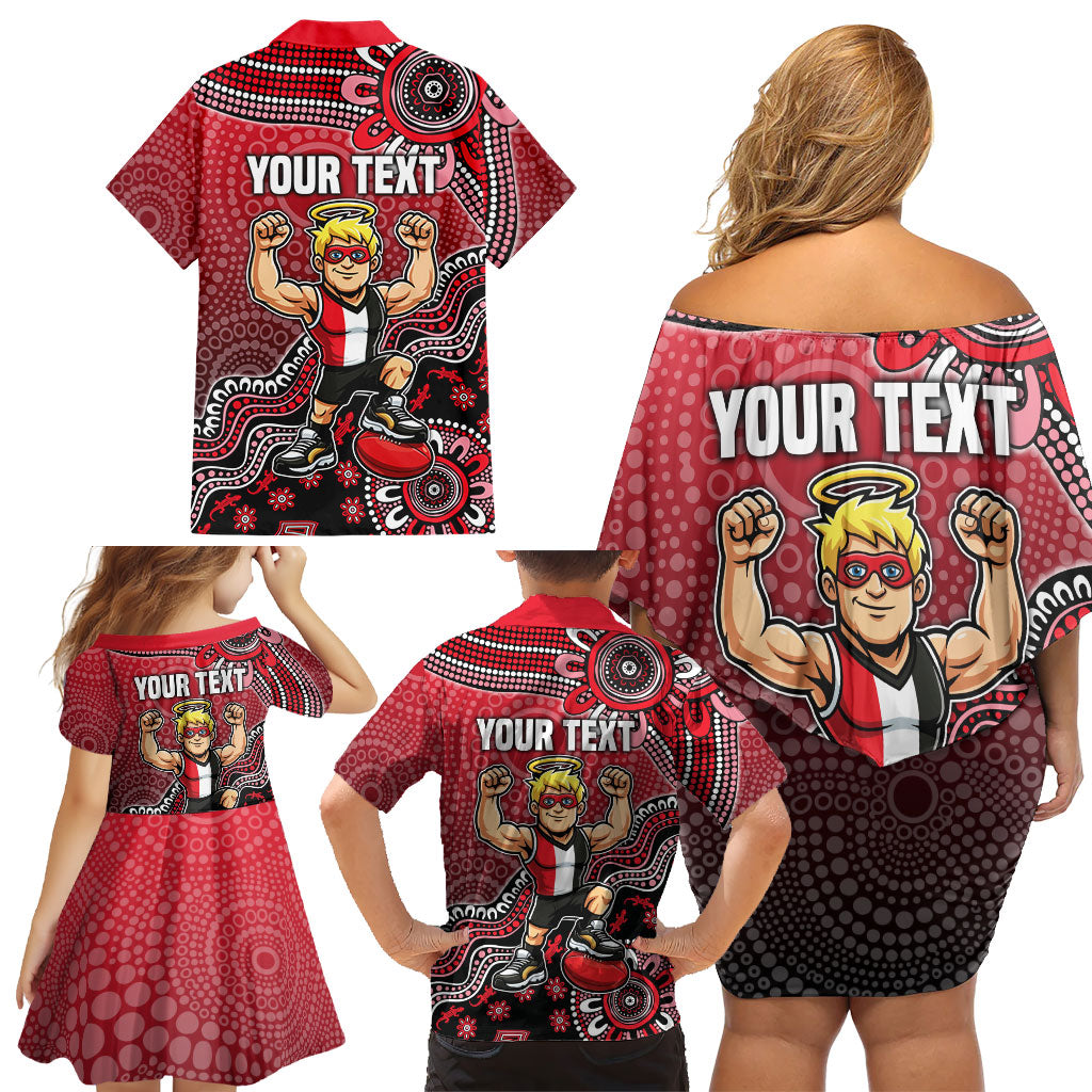 Personalized St Kilda Saints Football Mascot Family Matching Off Shoulder Short Dress and Hawaiian Shirt Aboriginal Dot Art Style Vibrant Indigenous Pattern Design