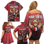 Personalized St Kilda Saints Football Mascot Family Matching Off Shoulder Short Dress and Hawaiian Shirt Aboriginal Dot Art Style Vibrant Indigenous Pattern Design