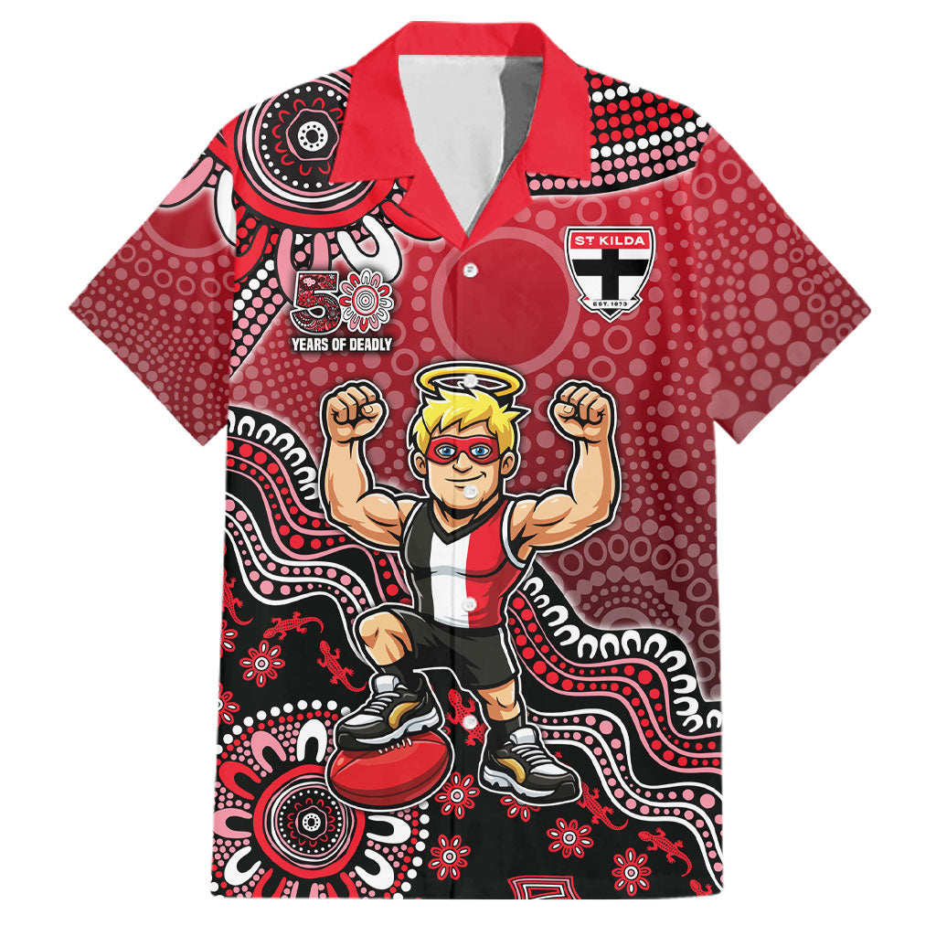Personalized St Kilda Saints Football Mascot Family Matching Off Shoulder Short Dress and Hawaiian Shirt Aboriginal Dot Art Style Vibrant Indigenous Pattern Design