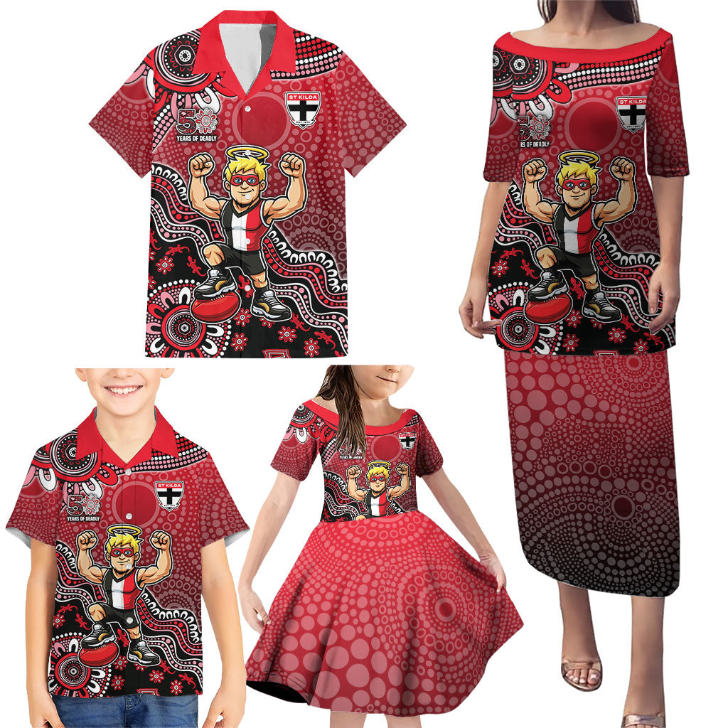 Personalized St Kilda Saints Football Mascot Family Matching Puletasi and Hawaiian Shirt Aboriginal Dot Art Style Vibrant Indigenous Pattern Design