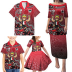Personalized St Kilda Saints Football Mascot Family Matching Puletasi and Hawaiian Shirt Aboriginal Dot Art Style Vibrant Indigenous Pattern Design