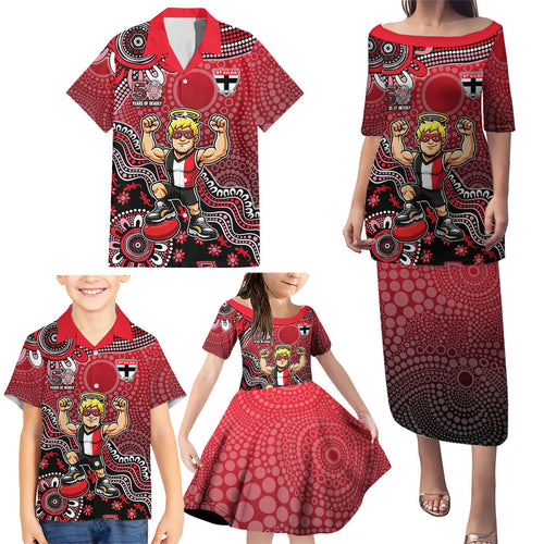 Personalized St Kilda Saints Football Mascot Family Matching Puletasi and Hawaiian Shirt Aboriginal Dot Art Style Vibrant Indigenous Pattern Design