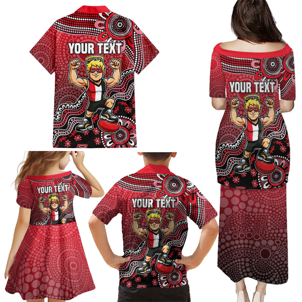 Personalized St Kilda Saints Football Mascot Family Matching Puletasi and Hawaiian Shirt Aboriginal Dot Art Style Vibrant Indigenous Pattern Design