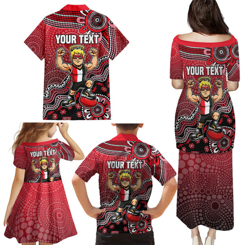 Personalized St Kilda Saints Football Mascot Family Matching Puletasi and Hawaiian Shirt Aboriginal Dot Art Style Vibrant Indigenous Pattern Design