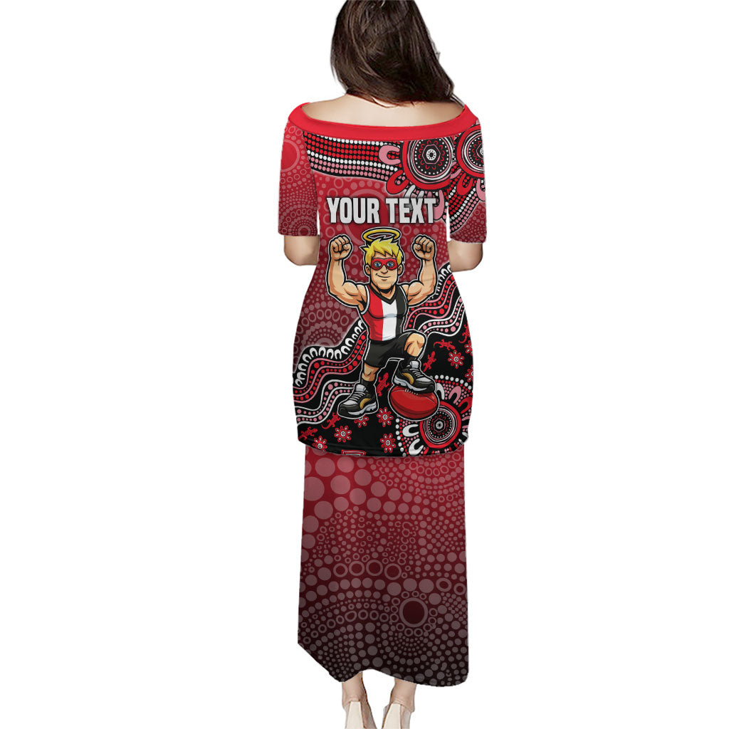Personalized St Kilda Saints Football Mascot Family Matching Puletasi and Hawaiian Shirt Aboriginal Dot Art Style Vibrant Indigenous Pattern Design