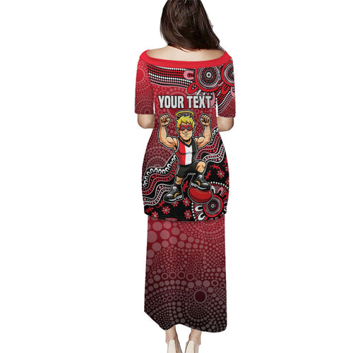 Personalized St Kilda Saints Football Mascot Family Matching Puletasi and Hawaiian Shirt Aboriginal Dot Art Style Vibrant Indigenous Pattern Design