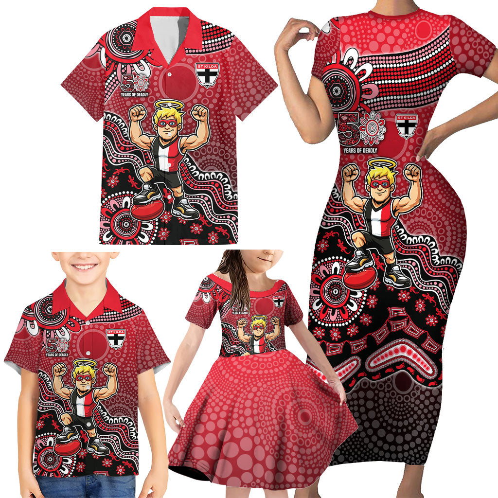 Personalized St Kilda Saints Football Mascot Family Matching Short Sleeve Bodycon Dress and Hawaiian Shirt Aboriginal Dot Art Style Vibrant Indigenous Pattern Design