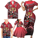 Personalized St Kilda Saints Football Mascot Family Matching Short Sleeve Bodycon Dress and Hawaiian Shirt Aboriginal Dot Art Style Vibrant Indigenous Pattern Design