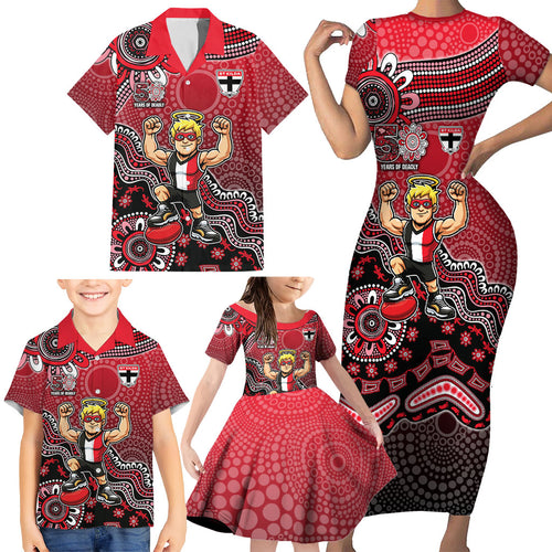 Personalized St Kilda Saints Football Mascot Family Matching Short Sleeve Bodycon Dress and Hawaiian Shirt Aboriginal Dot Art Style Vibrant Indigenous Pattern Design