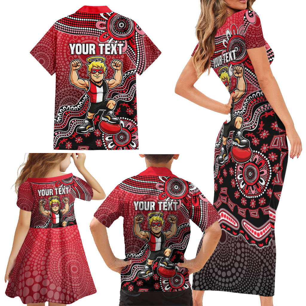 Personalized St Kilda Saints Football Mascot Family Matching Short Sleeve Bodycon Dress and Hawaiian Shirt Aboriginal Dot Art Style Vibrant Indigenous Pattern Design