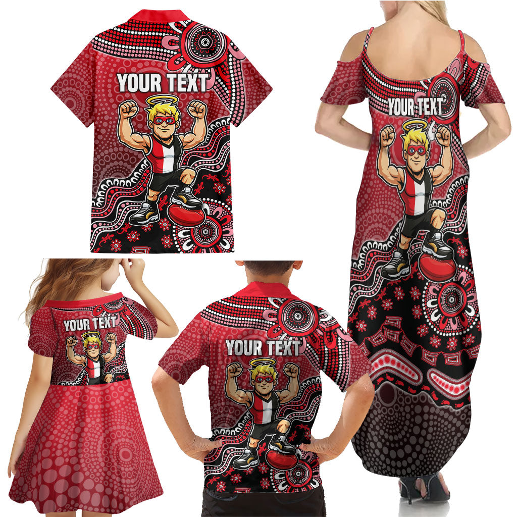 Personalized St Kilda Saints Football Mascot Family Matching Summer Maxi Dress and Hawaiian Shirt Aboriginal Dot Art Style Vibrant Indigenous Pattern Design