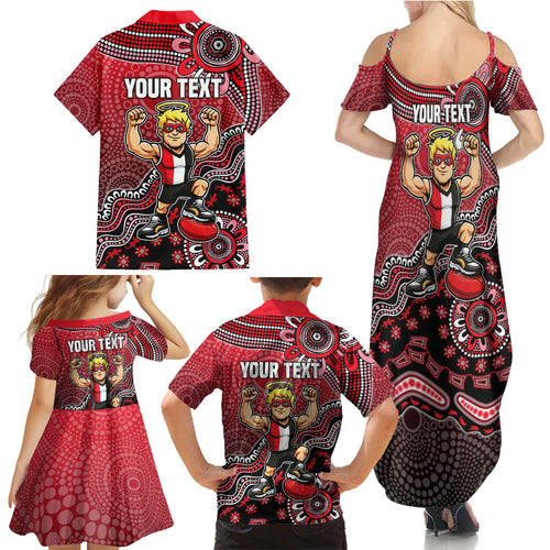 Personalized St Kilda Saints Football Mascot Family Matching Summer Maxi Dress and Hawaiian Shirt Aboriginal Dot Art Style Vibrant Indigenous Pattern Design