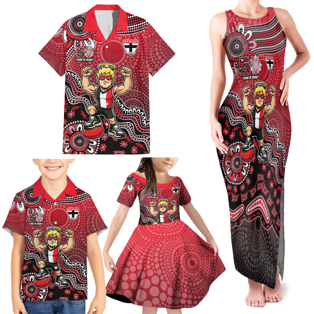 Personalized St Kilda Saints Football Mascot Family Matching Tank Maxi Dress and Hawaiian Shirt Aboriginal Dot Art Style Vibrant Indigenous Pattern Design