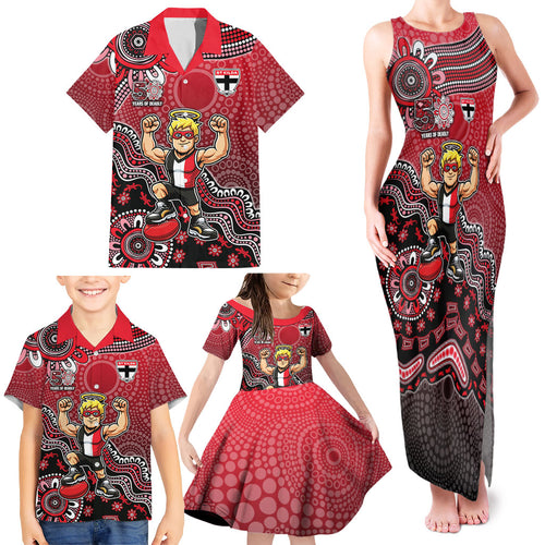 Personalized St Kilda Saints Football Mascot Family Matching Tank Maxi Dress and Hawaiian Shirt Aboriginal Dot Art Style Vibrant Indigenous Pattern Design