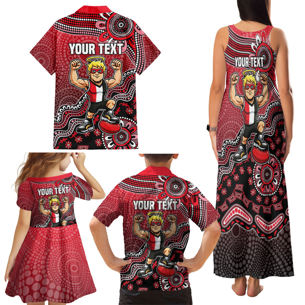 Personalized St Kilda Saints Football Mascot Family Matching Tank Maxi Dress and Hawaiian Shirt Aboriginal Dot Art Style Vibrant Indigenous Pattern Design
