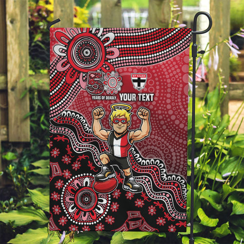 Personalized St Kilda Saints Football Mascot Garden Flag Aboriginal Dot Art Style Vibrant Indigenous Pattern Design