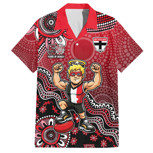 Personalized St Kilda Saints Football Mascot Hawaiian Shirt Aboriginal Dot Art Style Vibrant Indigenous Pattern Design