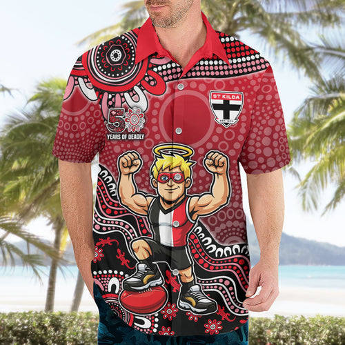 Personalized St Kilda Saints Football Mascot Hawaiian Shirt Aboriginal Dot Art Style Vibrant Indigenous Pattern Design