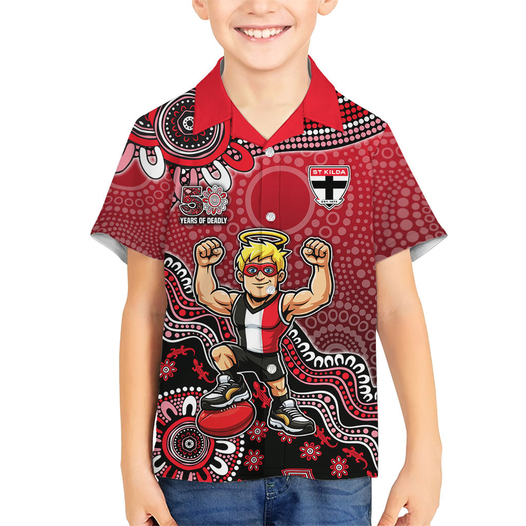 Personalized St Kilda Saints Football Mascot Hawaiian Shirt Aboriginal Dot Art Style Vibrant Indigenous Pattern Design