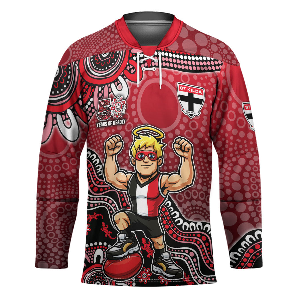Personalized St Kilda Saints Football Mascot Hockey Jersey Aboriginal Dot Art Style Vibrant Indigenous Pattern Design