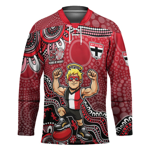 Personalized St Kilda Saints Football Mascot Hockey Jersey Aboriginal Dot Art Style Vibrant Indigenous Pattern Design
