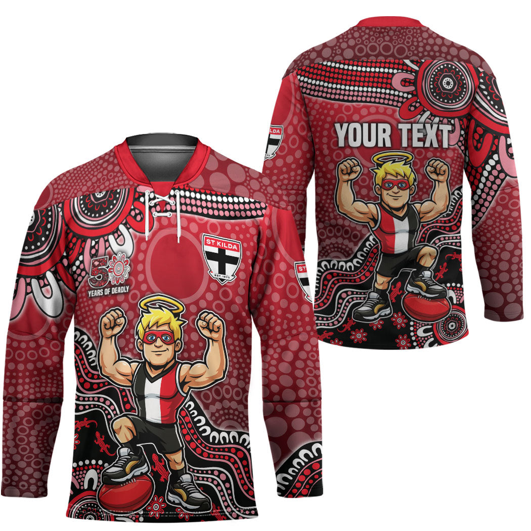 Personalized St Kilda Saints Football Mascot Hockey Jersey Aboriginal Dot Art Style Vibrant Indigenous Pattern Design