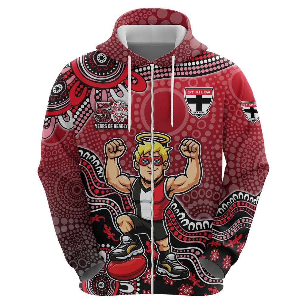 Personalized St Kilda Saints Football Mascot Hoodie Aboriginal Dot Art Style Vibrant Indigenous Pattern Design
